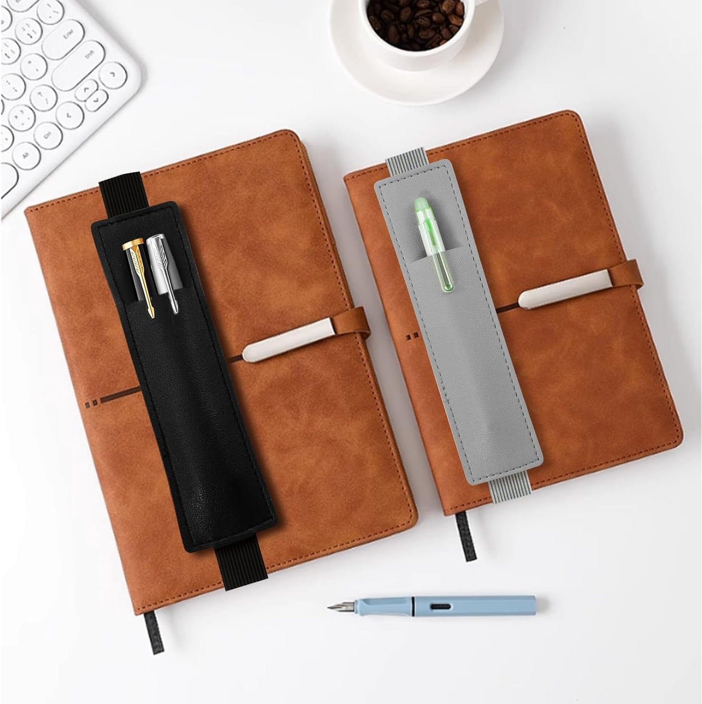 Tokusatsu 2 Pack Adjustable Elastic Pen Holder for Notebook, PU Leather Pencil Pouch with Stretchable Band, Fits Journals, Binders, Planners, Books, Portable Pen Sleeve Pouch, Off-White