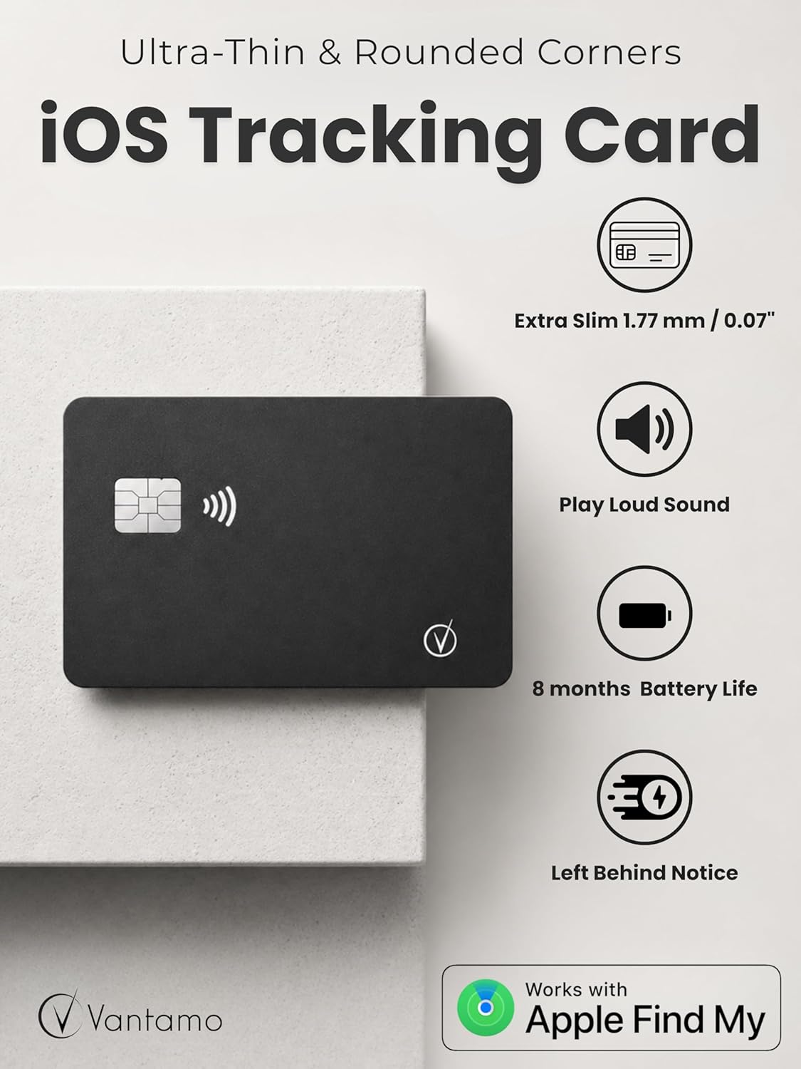 Vantamo Ultra-Thin Wallet Tracker Card, Apple MFi Certified, IP68 Waterproof Bluetooth Smart Card Wallet Tracker & Passport, Works with Apple Find My, Wireless Charging, iOS Only