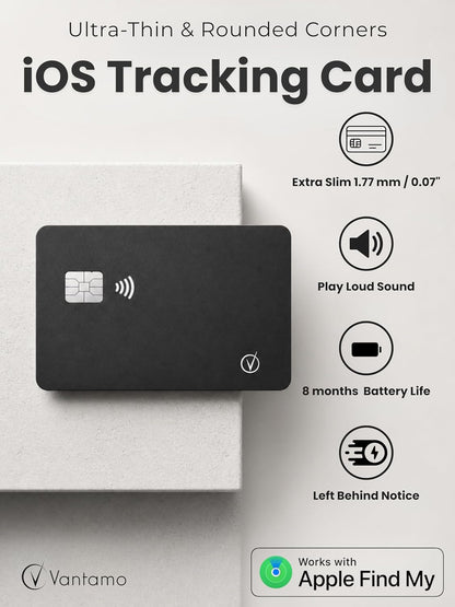 Vantamo Ultra-Thin Wallet Tracker Card, Apple MFi Certified, IP68 Waterproof Bluetooth Smart Card Wallet Tracker & Passport, Works with Apple Find My, Wireless Charging, iOS Only