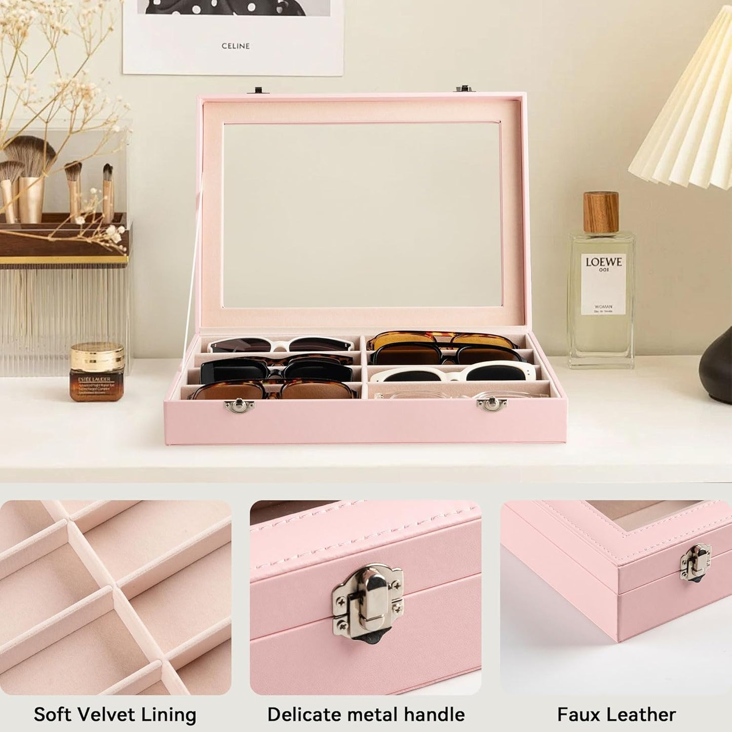 Frebeauty Sunglass Organizer,PU Leather Glasses Organizer,8-Slot Sunglasses Tray,Men's/Women's Sunglasses Box,Sunglass Case,13.3 x 9.6 x 1.5 Inches,Eyeglass/Eyewear Display Tray(Grey)