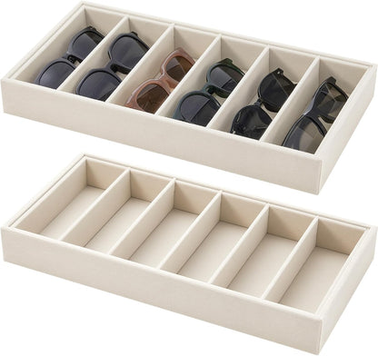 Juexica 2 Pcs Velvet Sunglasses Organizer Tray 6 Grid Sunglass Organizer Velvet Tray Stackable Glasses Display Case for Women Glasses Jewelry Display Watch (Beige)