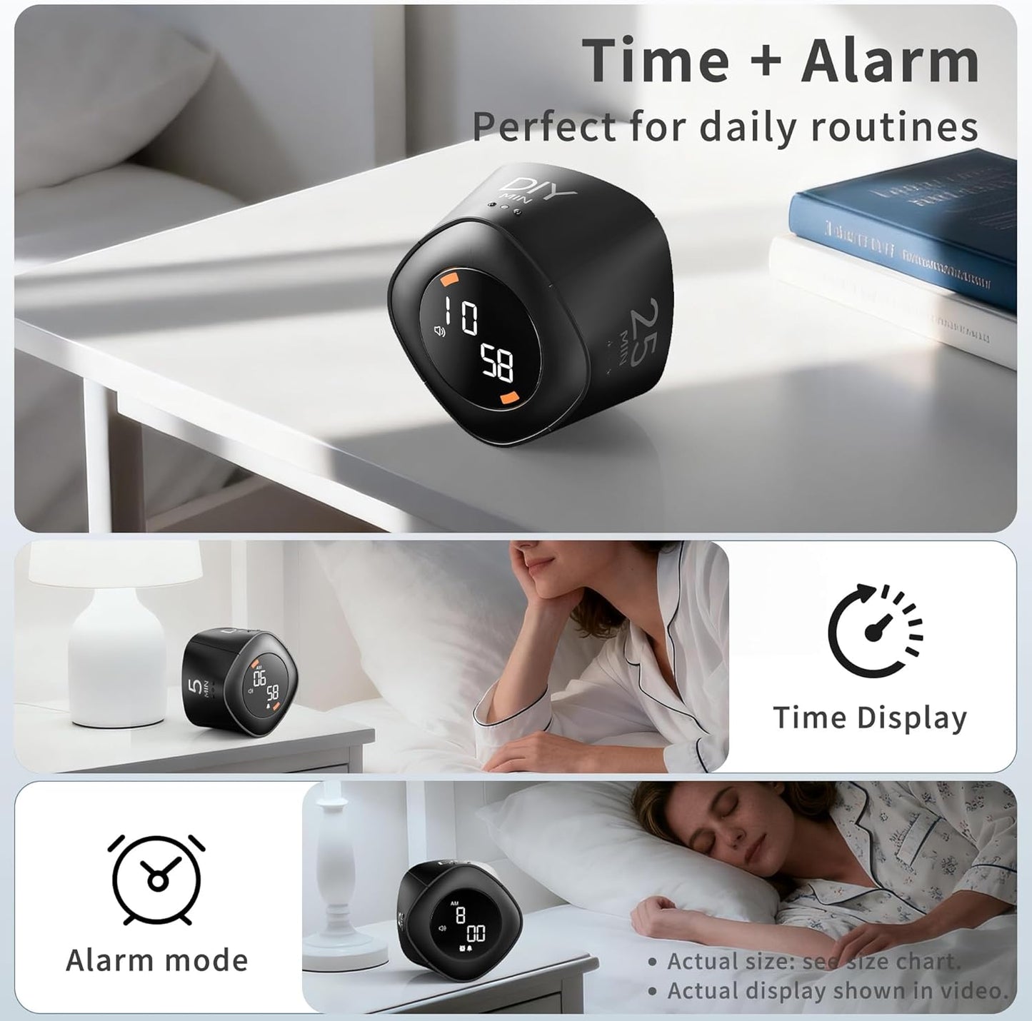 VEWINGL Cube Productivity Timer, 5/10/30/60 Min Presets + Custom Countdown, Silent/Vibrate/Sound Alarm, Pause & Resume, Desk Timer for Work, Study, Tasks, Kitchen
