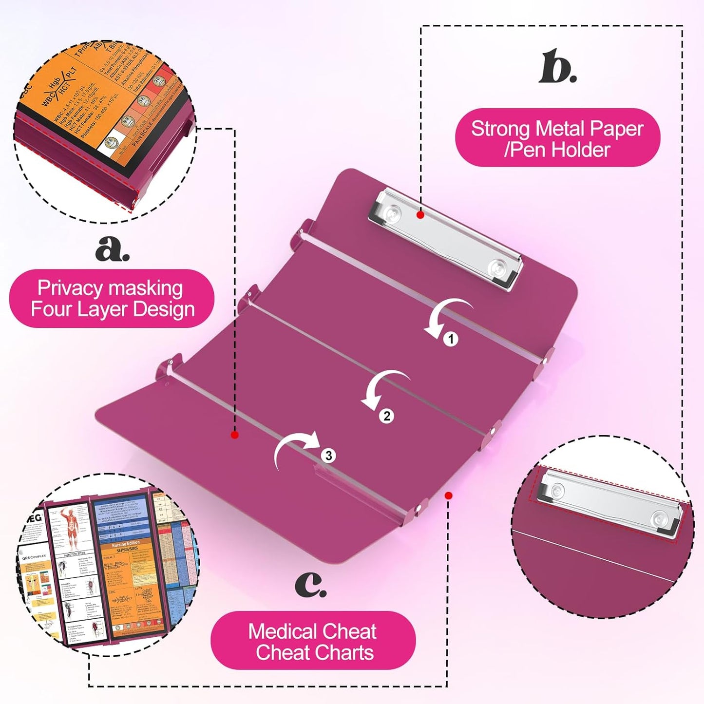 Nursing Clipboard Foldable-4 Layers Aluminum Nurse Foldable Clipboard Nursing Medical Edition Cheat Sheets, Pocket Size Pen Clip for Nurses Students School and Doctors-Pink
