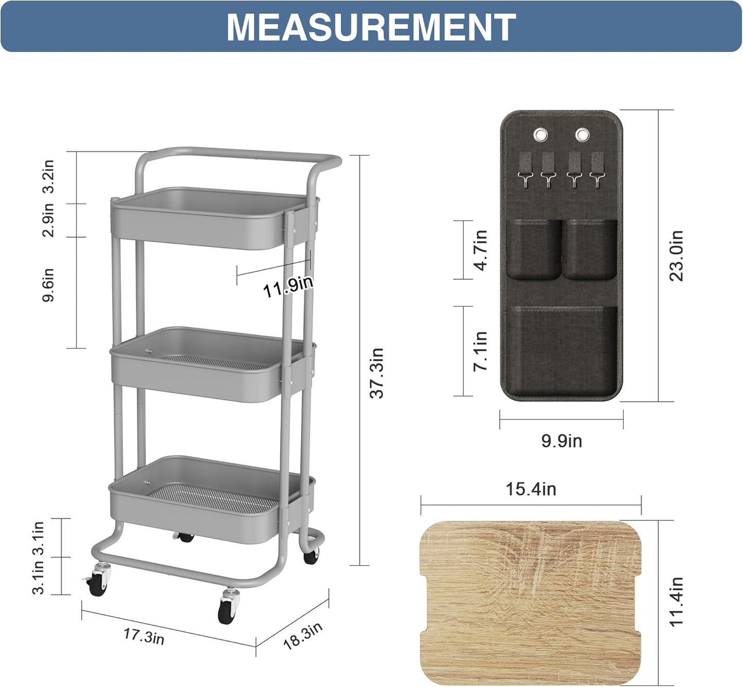 DTK 3 Tier Metal Utility Rolling Cart with Table Top and Side Bags, Tray Storage Organizer Wheels, Art Craft 4 Hooks for Kitchen Bathroom Office Living Room (Black)