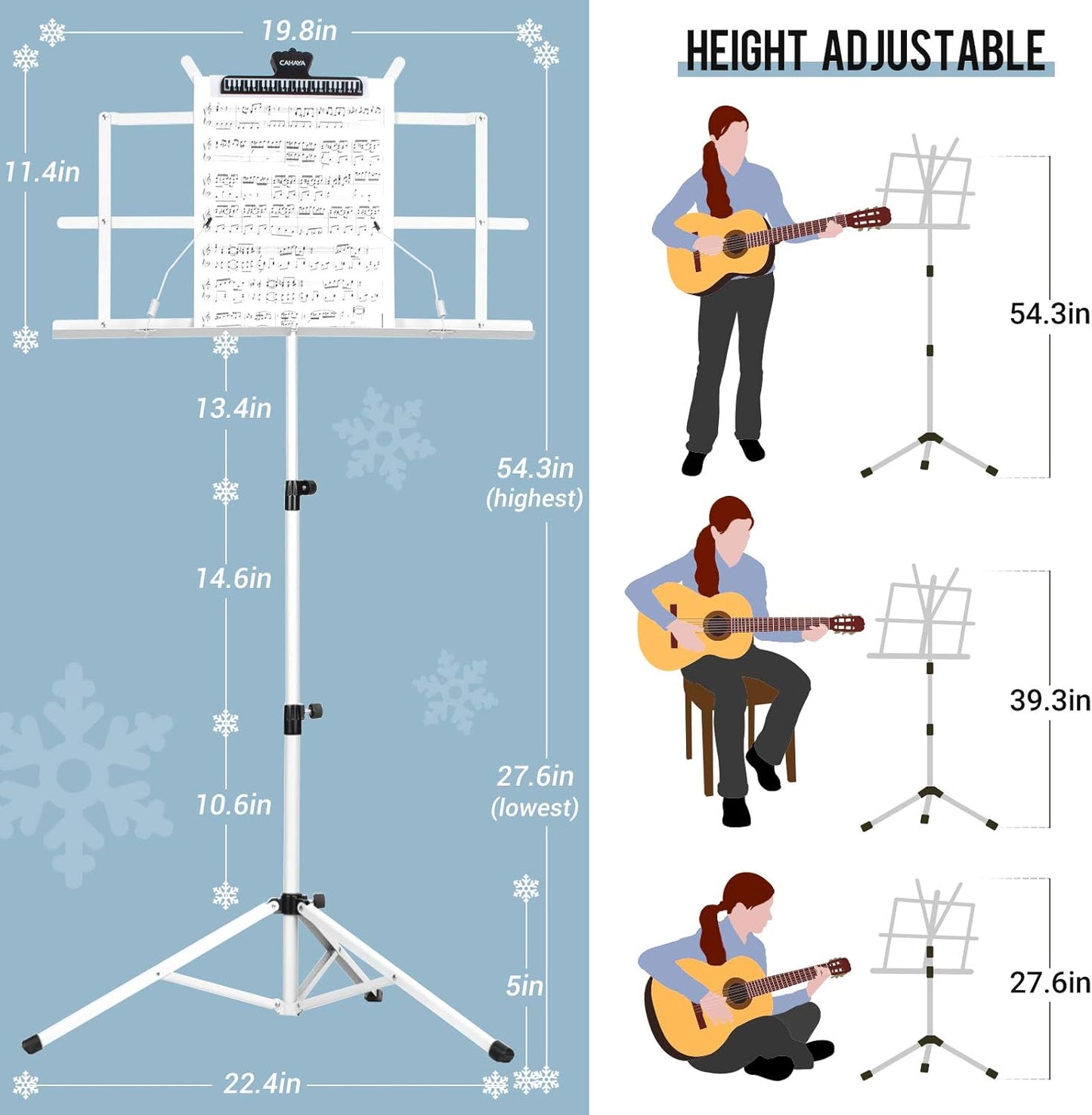 CAHAYA Portable Sheet Music Stand: Dual Use Desktop Book Holder Folding Lightweight Extra Stable Reinforced with Carrying Bag and Clip for Students Musicians Height Adjustable up to 54.3" CMS0204