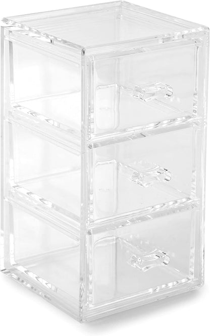 Huang Acrylic Clear Stackable Upright 3-Drawer Organizer, Makeup Jewelry Accessories Cosmetic Countertop Storage Display 3.5 x 3.25 x 5.75 inches
