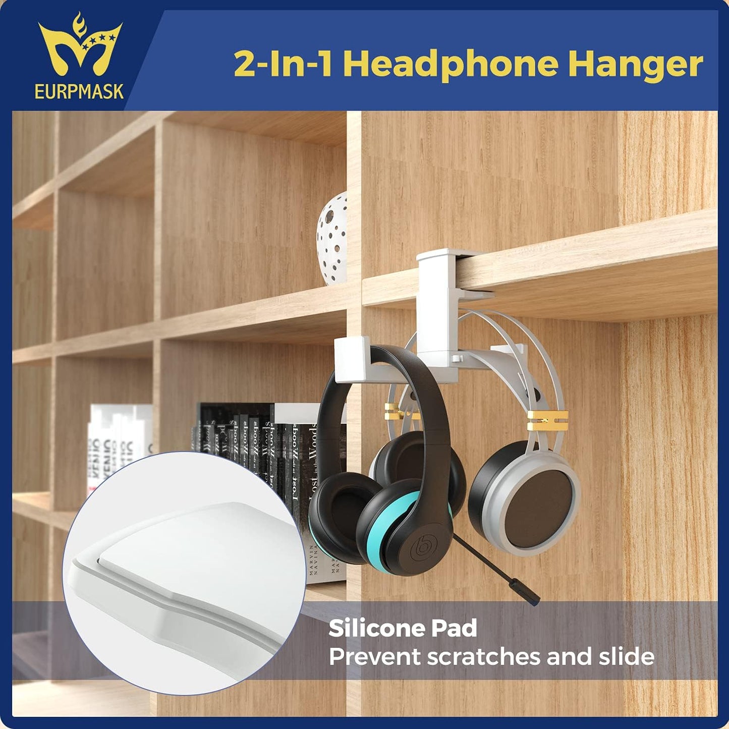 Dual Headphone Stand Holder - EURPMASK 2 in 1 PC Gaming Headset Hooks, 360 Degree Rotating Headphone Hanger with Adjustable Clamp & Cable Clip Organizer, Headset Mount Under Desk Earphone Clamp-Black