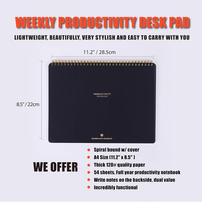 ZERONE CENTRE Productivity Weekly Planner - 54 Sheets Dashboard Spiral Deskpad Has 6 Focus Areas to List Tasks for Goals, Projects, Clients, Academic, or Shopping-Organize Your Daily Work Efficiently