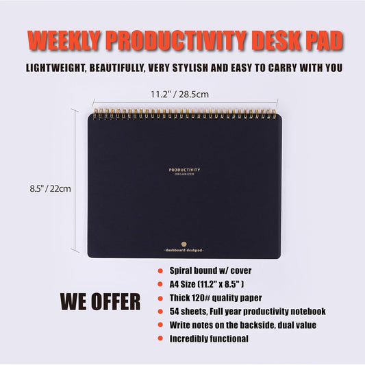 ZERONE CENTRE Productivity Weekly Planner - 54 Sheets Dashboard Spiral Deskpad Has 6 Focus Areas to List Tasks for Goals, Projects, Clients, Academic, or Shopping-Organize Your Daily Work Efficiently