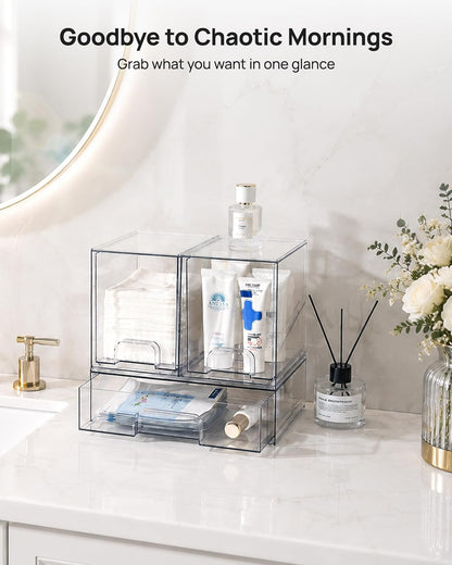 Vtopmart Stackable Storage Drawers Set of 3,Clear Plastic Organizer Bins for Makeup, Cosmetics, Beauty Supplies,Ideal for Vanity, Bathroom,Cabinet,Pantry Organization