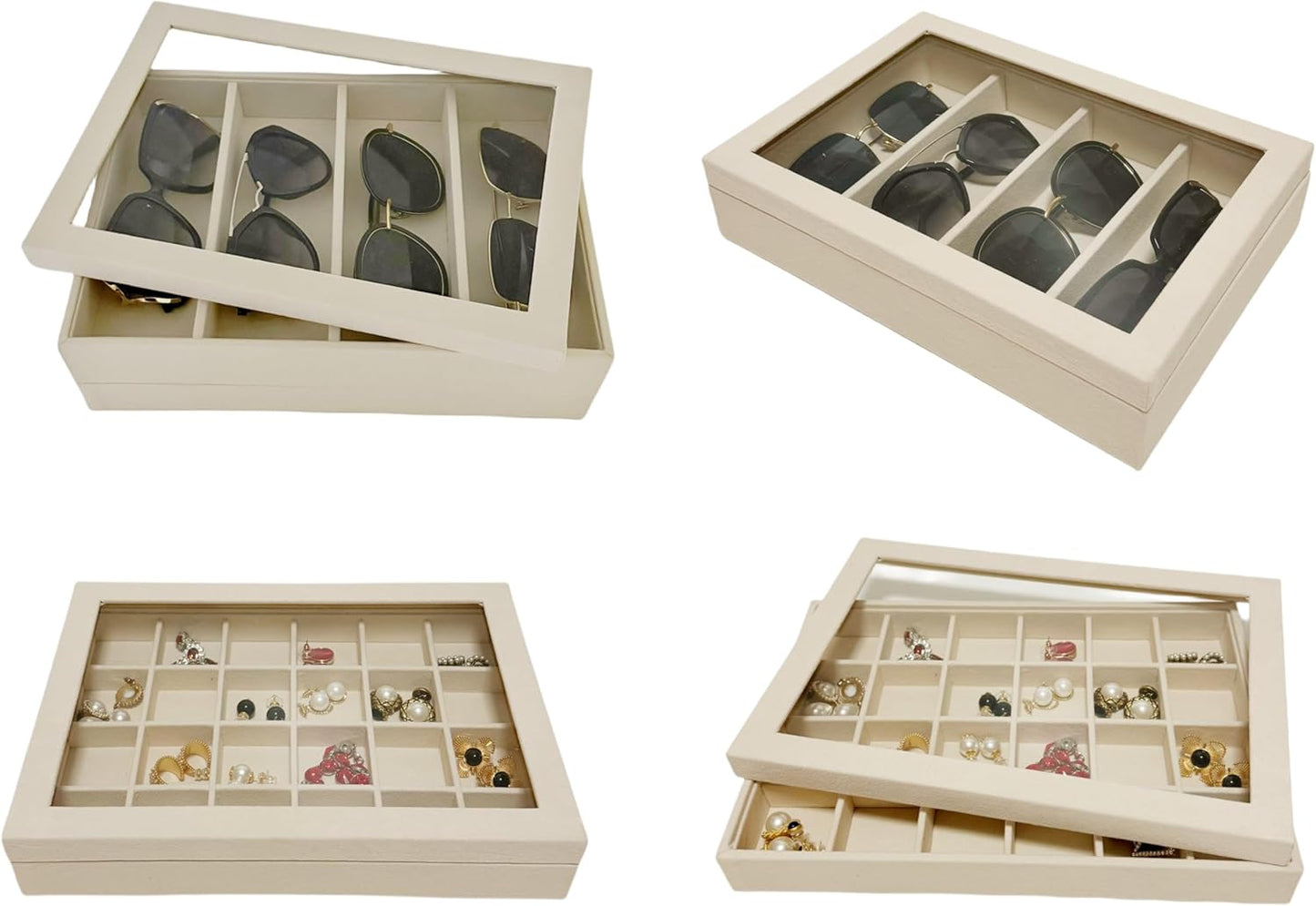 Velvet Sunglasses Organizer Tray 4 Slot, Stackable Eyewear & Glasses Display Case, Premium Beige Velvet, Scratch-Free Lining, Drawer Insert for Dressing Table Vanity Home Retail Trade Show
