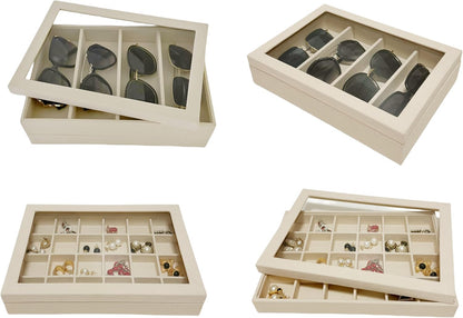 Velvet Sunglasses Organizer Tray 4 Slot, Stackable Eyewear & Glasses Display Case, Premium Beige Velvet, Scratch-Free Lining, Drawer Insert for Dressing Table Vanity Home Retail Trade Show