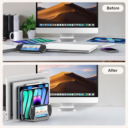 Elestoria 10-Slot Vertical Laptop Stand & Holder – Adjustable Aluminum Laptop Stand Vertical for Desk Fits 10 Devices, MacBook & Gaming Laptops (Up to 17.3”) – Space Saving Laptop Storage Rack - Grey