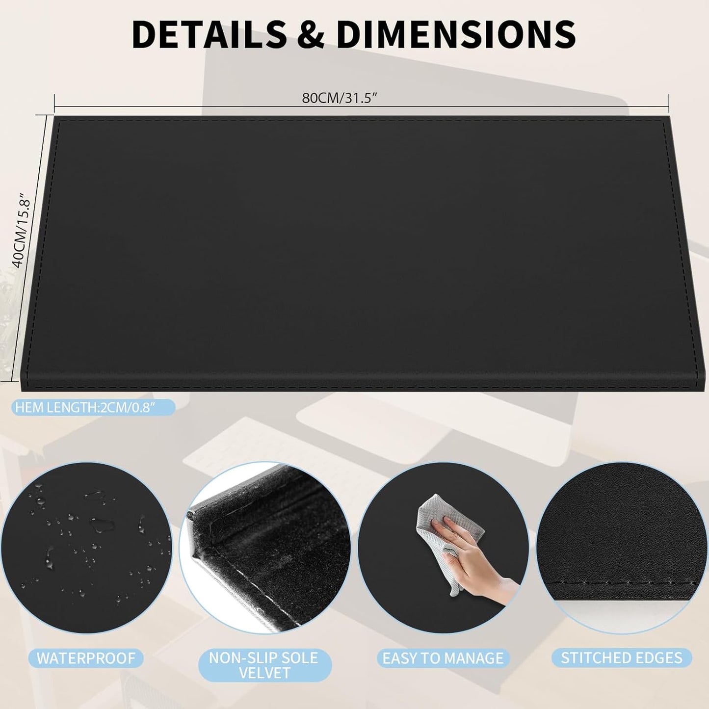 AKOZLIN 35.4"x 18.9" Soft PU Leather Surface Office Desk Mouse Mat Anti-Push Pad with Full Grip Fixation Lip Table Blotter Edge-Locked Protector