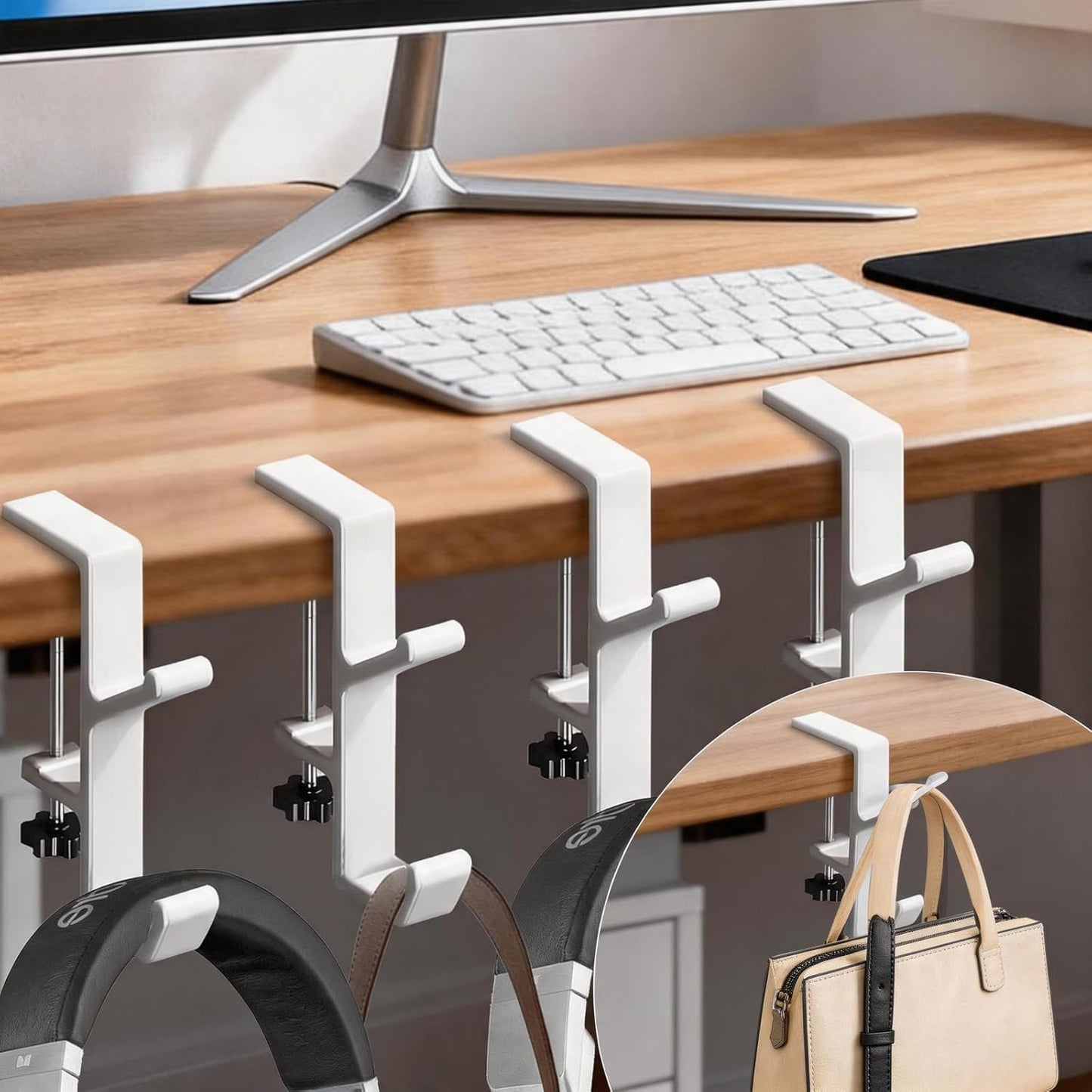 Desk Mount Bag Holder Hook Clamp,On Backpack Hanger Portable Desk Mount Headphones Holder for Reduce Desk Clutter Table Desk Table Hanging Storage (1 Pcs-Double Hook White)