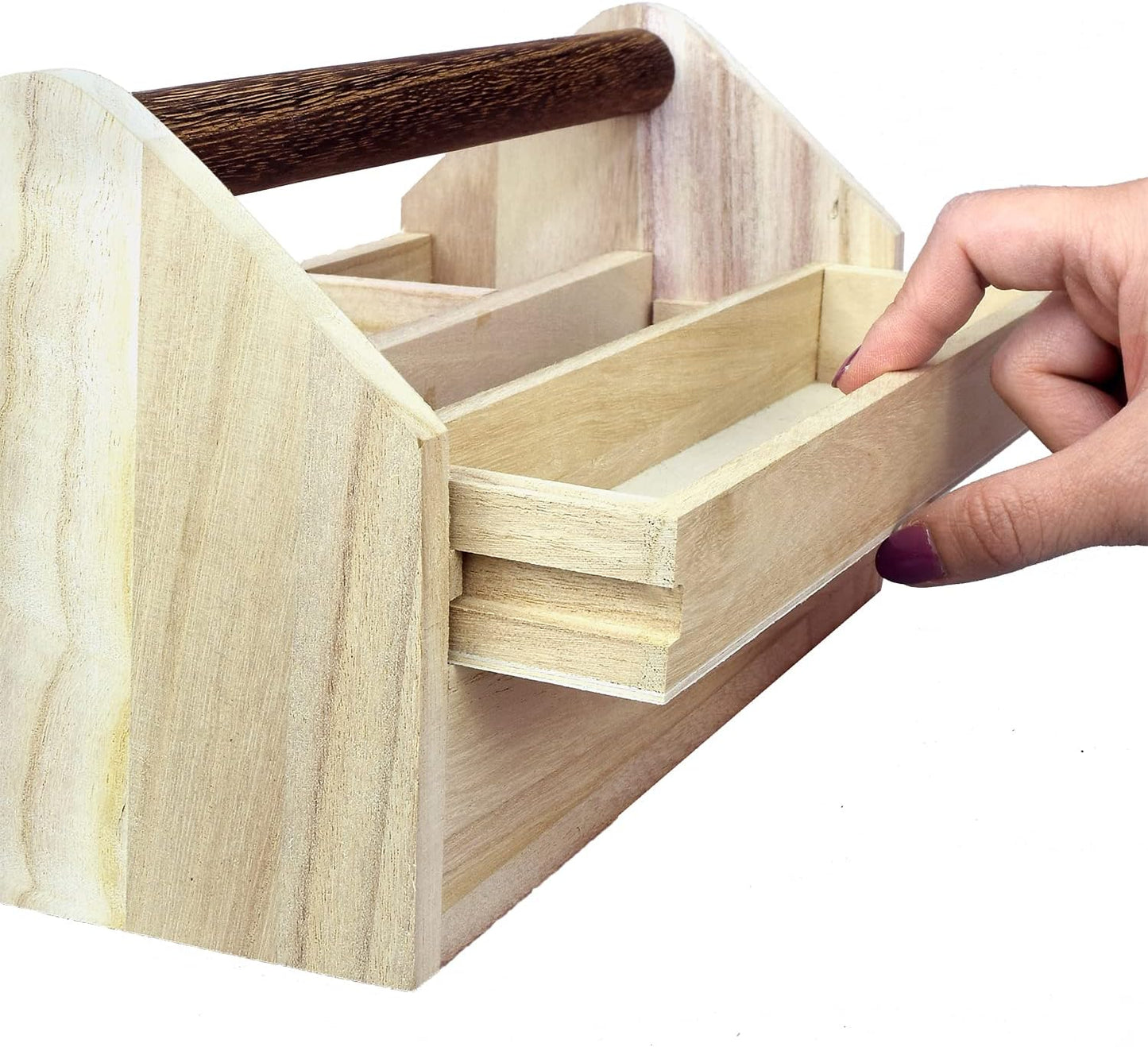 Ikee Design Small Natural Wood Color Wooden Craft Tool Box Caddy with a Handle for Storage Tool, Makeup, Collections with 5 Compartments for Storage and Organizing, 10 W x 5.1 D x 3.5 H in