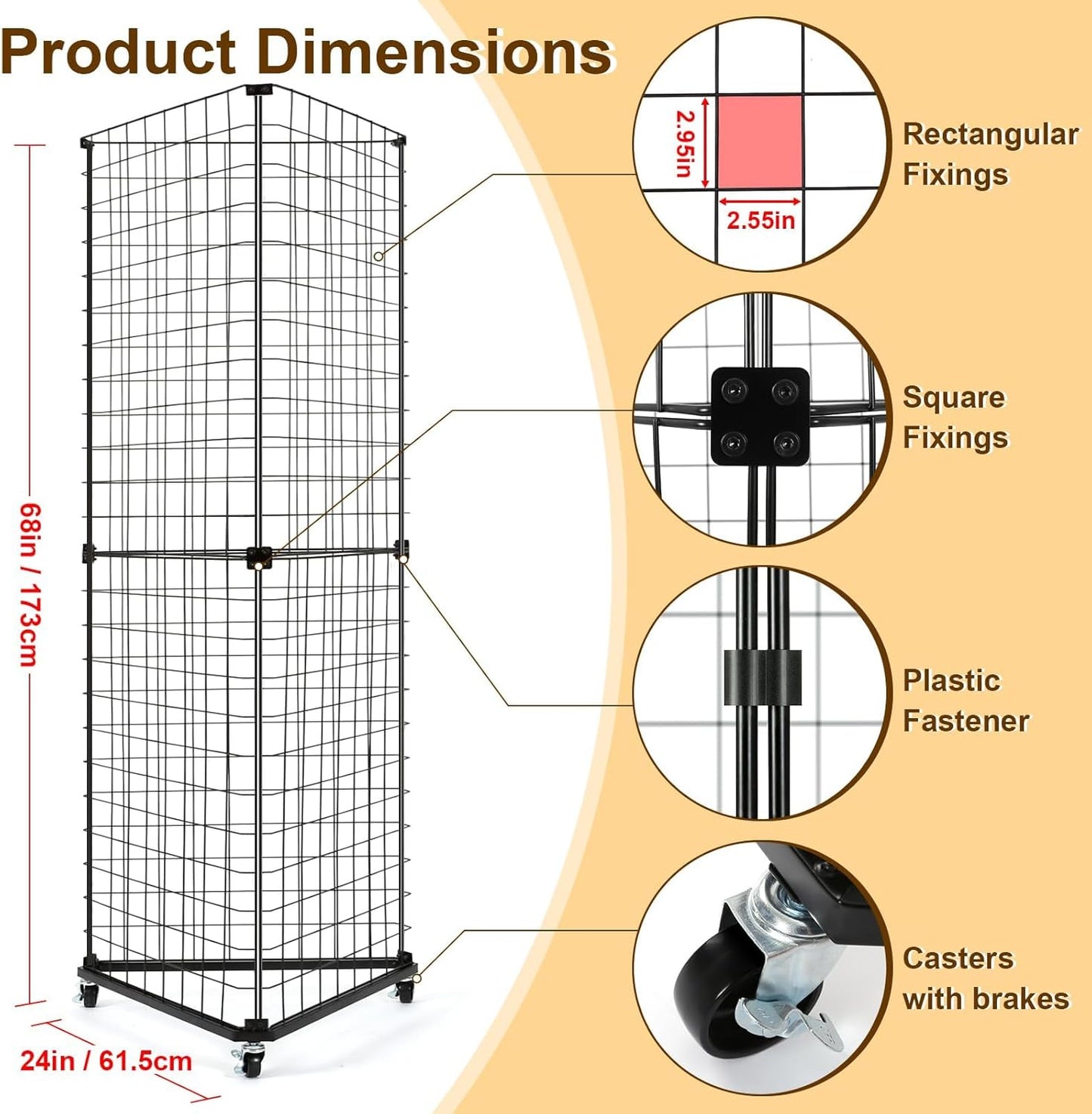 GADFISH Triangular Gridwall Panel Display Stand, Black Triangle Wire Grid Tower with Base and Casters, 24" x 68" Rolling Grid Wall, Panel Stand for Home Organization, Retail, Trade Show, Vendor
