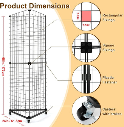 GADFISH Triangular Gridwall Panel Display Stand, Black Triangle Wire Grid Tower with Base and Casters, 24" x 68" Rolling Grid Wall, Panel Stand for Home Organization, Retail, Trade Show, Vendor