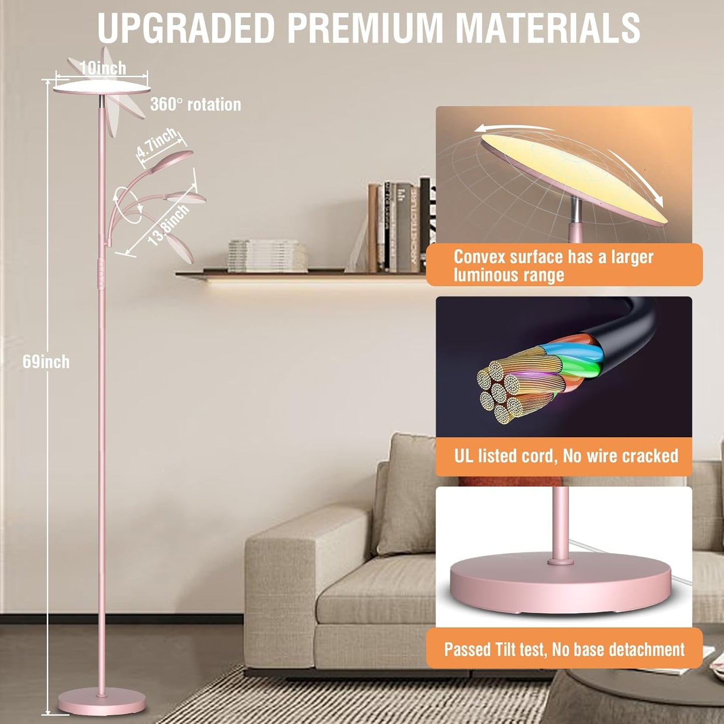 marctronic Floor Lamps for Living Room, 44W/4500LM Super Bright 2 in 1 LED Floor Lamp with Remote, Stepless Dimmable, 69" Tall Standing Floor Lamp with Bendable Reading Light for Bedroom Office