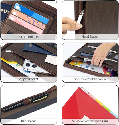 Ospelelf Zippered Padfolio Portfolio Folder, Leather Clipboard with Storage, 3 Ring Binder 1 Inch,12.1” Tablet Sleeve, 5 Dividers with Pocket, Refillable Notepad, Card Slot (Classic Black)
