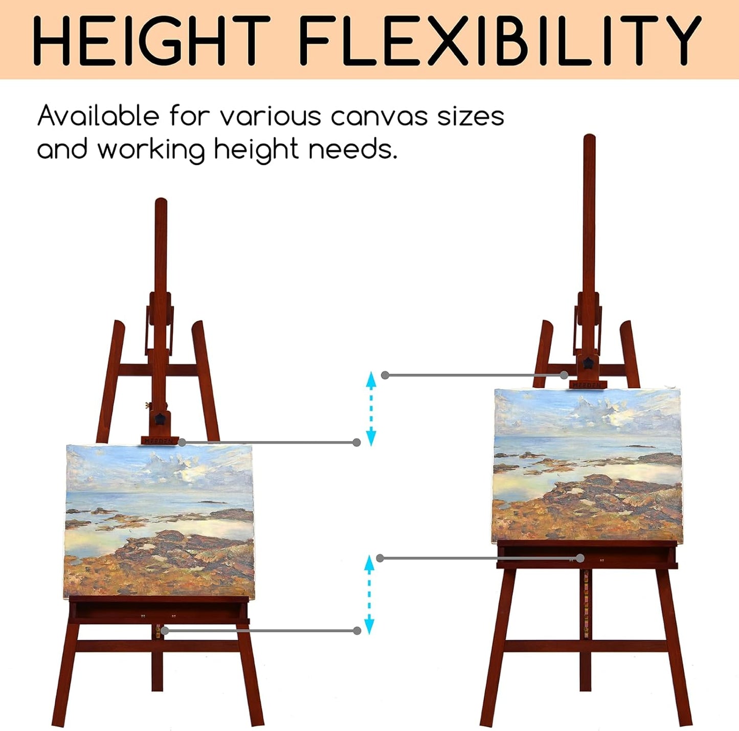 MEEDEN Large Painters Easel Adjustable Solid Beech Wood Artist Easel, Studio Easel for Adults with Brush Holder, Holds Canvas up to 48" - Walnut