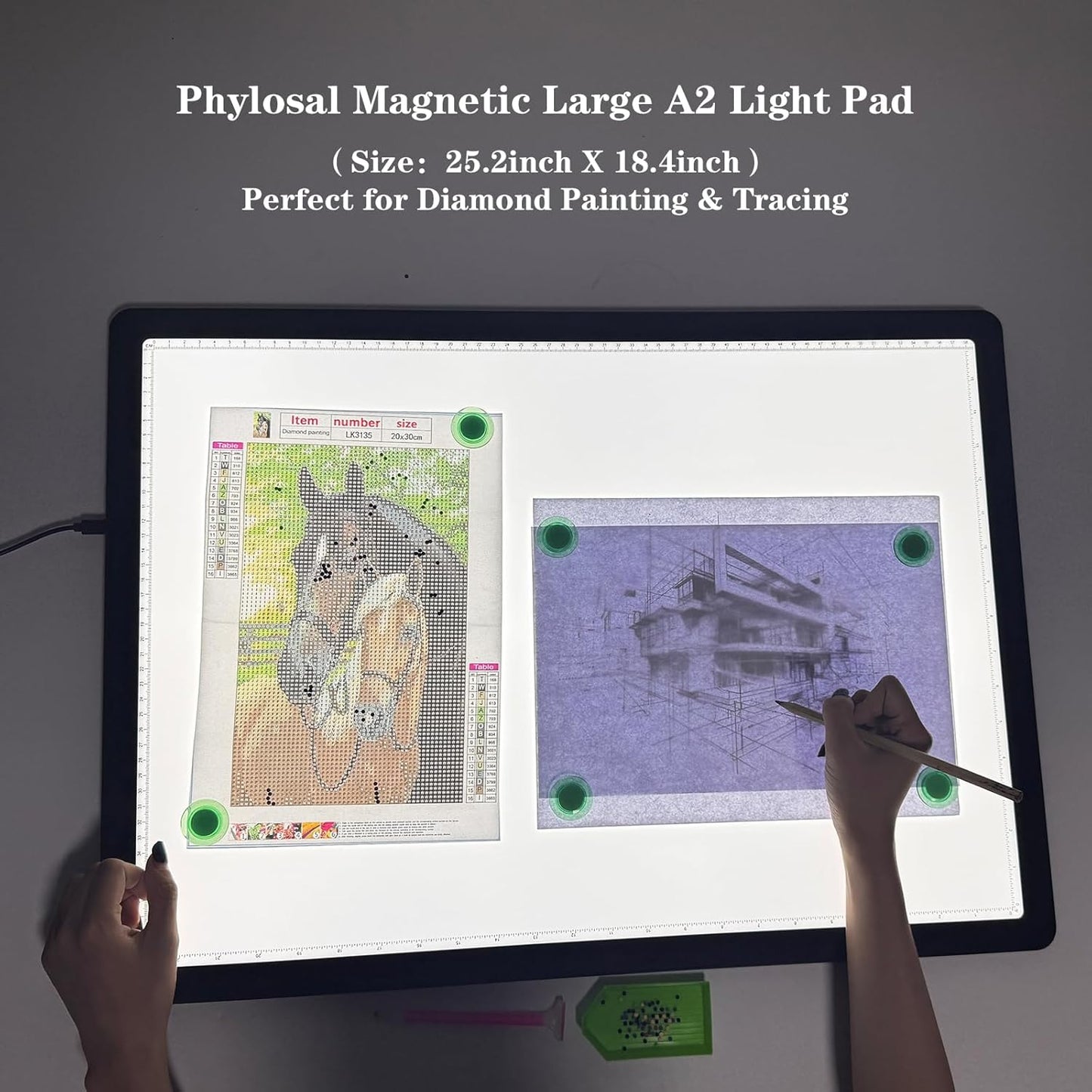 Phylosal Magnetic A3 Light Pad with Bag, Super Bright Light Box with Side Button, Diamond Art Light Board, Lightbox for Tracing and Drawing, USB Power Light Table for Sketching, Weeding Vinyl (White)