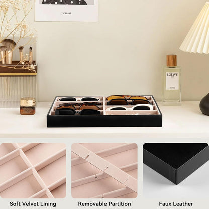 Frebeauty Sunglass Organizer,PU Leather Glasses Organizer,8-Slot Sunglasses Tray,Men's/Women's Sunglasses Box,Sunglass Case,13.3 x 9.6 x 1.5 Inches,Eyeglass/Eyewear Display Tray(Grey)