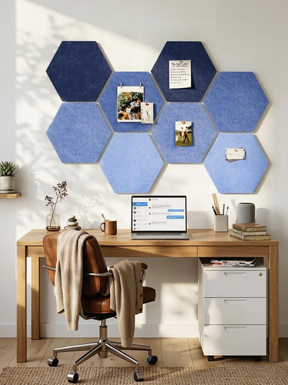 8 Pack Hexagon Felt Bulletin Board Tiles - 12" Large Thick Pin Board for Walls with 30 Push Pins, DIY Boards for Office Home School Decor, Aesthetic Hex Cork Board Alternative