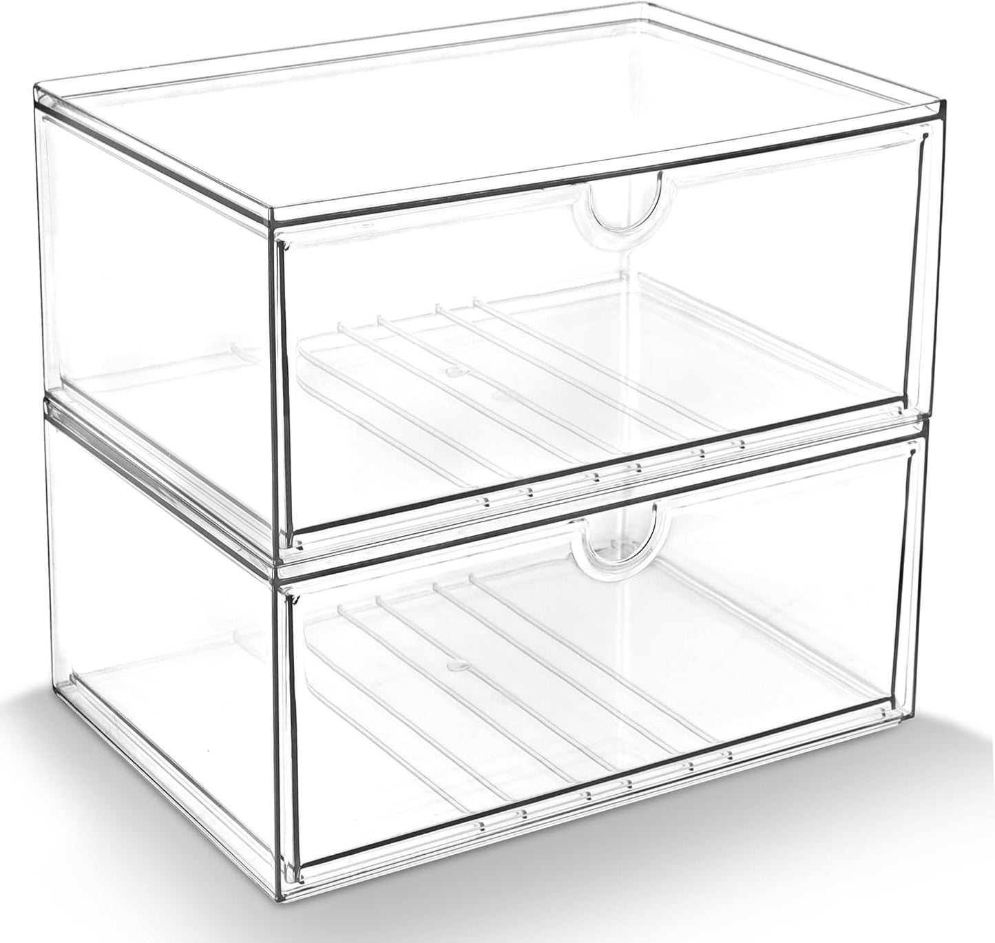 Prsildan Acrylic Drawer Makeup Organizer with 6 Drawers (Not for Baby Bottle), Set of 2 Office Desk Organizers Accessories, Clear Stackable Storage Drawers for Vanity, Craft (Largest Drawer 4" Tall)