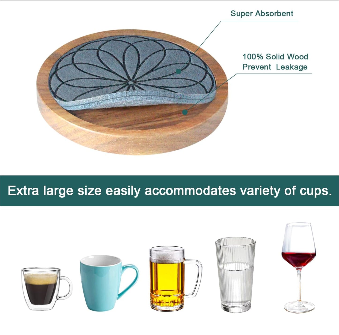 Wood Coasters for Drinks, Minacun Absorbent Coaster Sets of 5, Drinks Coasters for Coffee Tabletop Protection, Non-Slip, Non-Stick, Suitable for Kinds of Cups Wooden Table Drink, 4.3 Inches Black