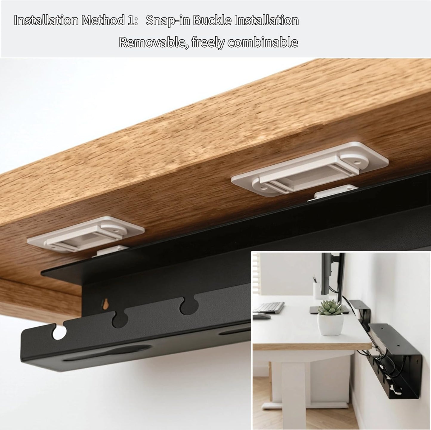 Ovanmexis Under Desk Cable Management Tray (2-Pack) with Quick-Release Mount - Snap-On Tool-Free, Includes Magnetic Cable Clips & Straps, No Drill Hidden Base for Home Office Standing Desk (Black)