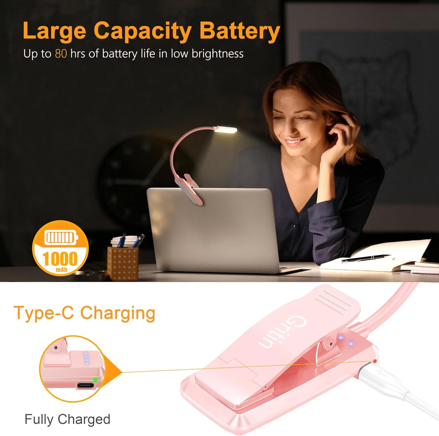 Gritin 9 LED Rechargeable Book Light for Reading in Bed - Eye Caring 3 Color Temperatures,Stepless Dimming Brightness,80 Hrs Runtime Small Lightweight Clip On Book Reading Light for Studying