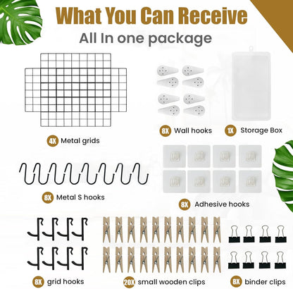 CIKLCIX Metal Grid Wall Panel, Wire Grid Photo Display Organizer, 17.3"×11.8" Gold Wire Board Grid Wall, Grid Picture Frame, 2-Pack Wire Mesh Memo Board With Clips and Hooks