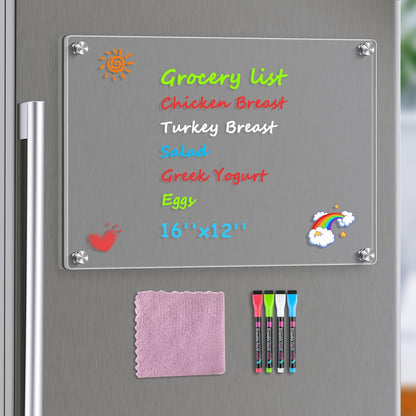 MaxGear 12"x8" Acrylic Magnetic Whiteboard for Fridge, Small Clear Refrigerator Dry Erase Board with 4 Markers and 1 Cloth, Smooth Writing and Easy Cleaning Blank Memo Grocery List for Home Planner