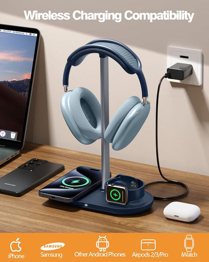 HiWe 4-in-1 RGB Gaming Headphone Stand with Dual Controller Holder, Wireless Charger for iPhone/Apple Watch, USB-A & USB-C Outputs, Adapter Included, Black