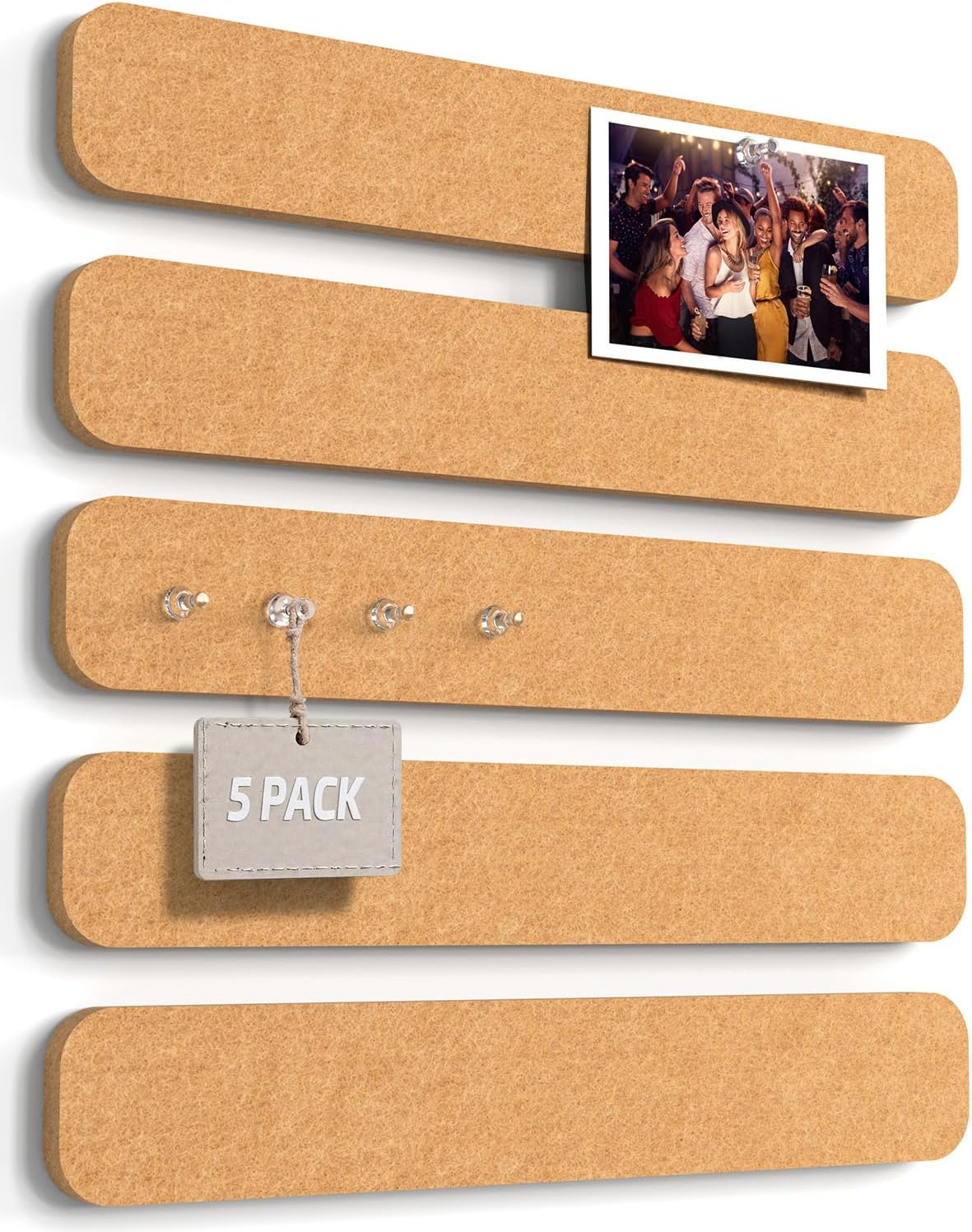JBER Felt Strip Board 5 Pack 13"x2", Cork Board Alternative Pin Bulletin Board, Self-Adhesive Vision Board with 25 Push Pins for Walls, Office & Home Decor(Light Camel)