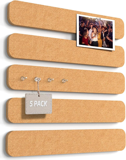 JBER Felt Strip Board 5 Pack 13"x2", Cork Board Alternative Pin Bulletin Board, Self-Adhesive Vision Board with 25 Push Pins for Walls, Office & Home Decor(Light Camel)