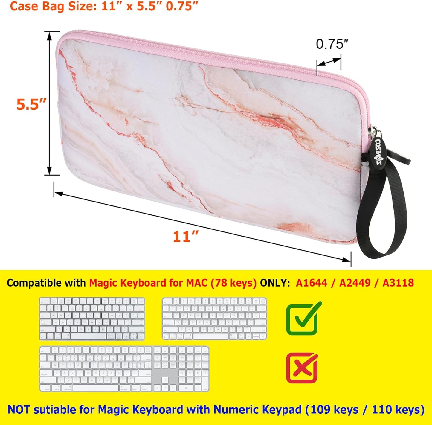 Neoprene Carrying Keyboard Sleeve Case Bag Protection Pouch Compatible with Magic Keyboard 1 & 2, Wireless Keyboard, Magic Mouse, Magic Trackpad and Wireless Trackpad (White Marble Pattern) …