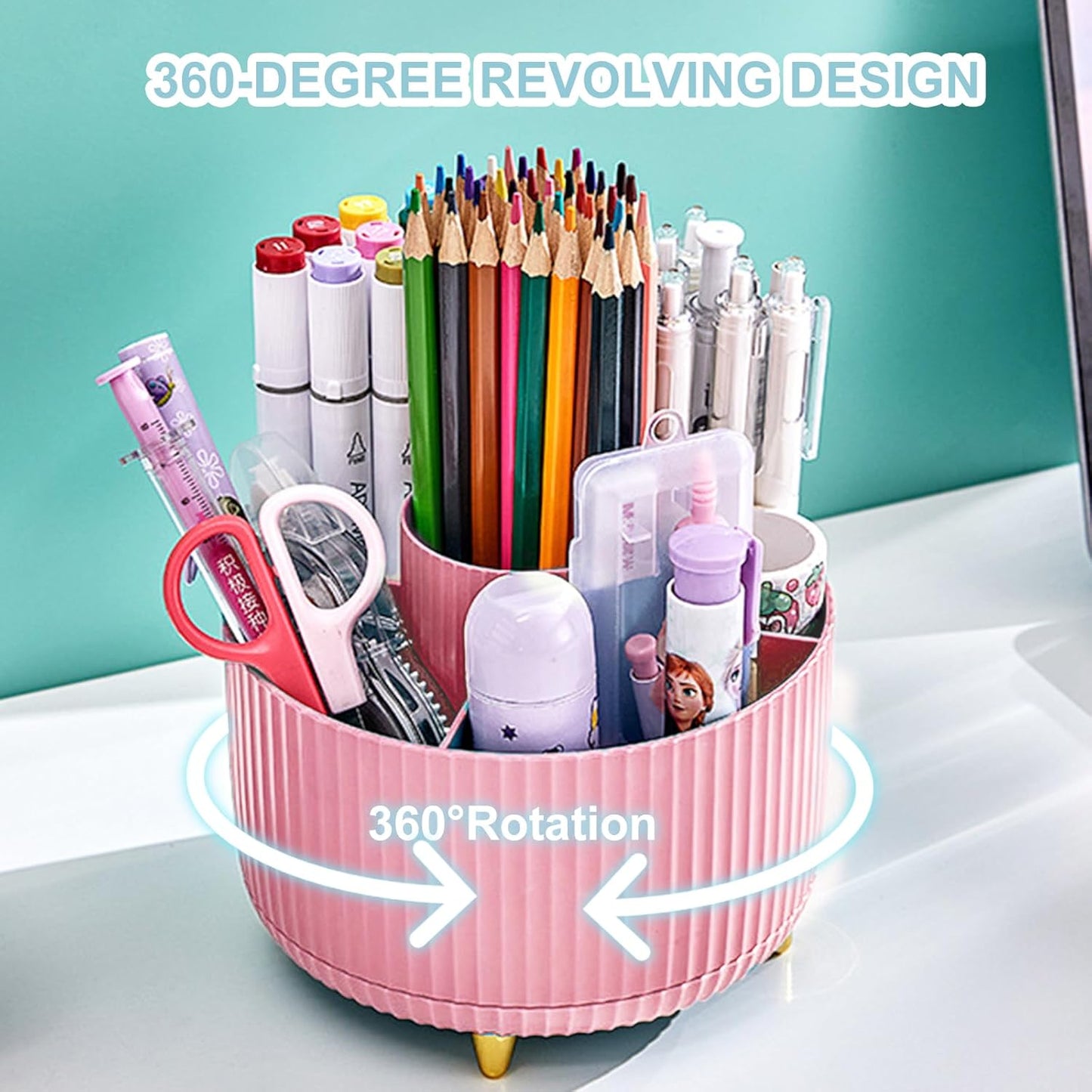 Cayxenful Pencil Holder For Desk,5 Slots 360°Degree Rotating Desk Organizers And Accessories,Desktop Storage Stationery Supplies Organizer, Cute Pencil Cup Pot For Office, School, Home (C-Blue)