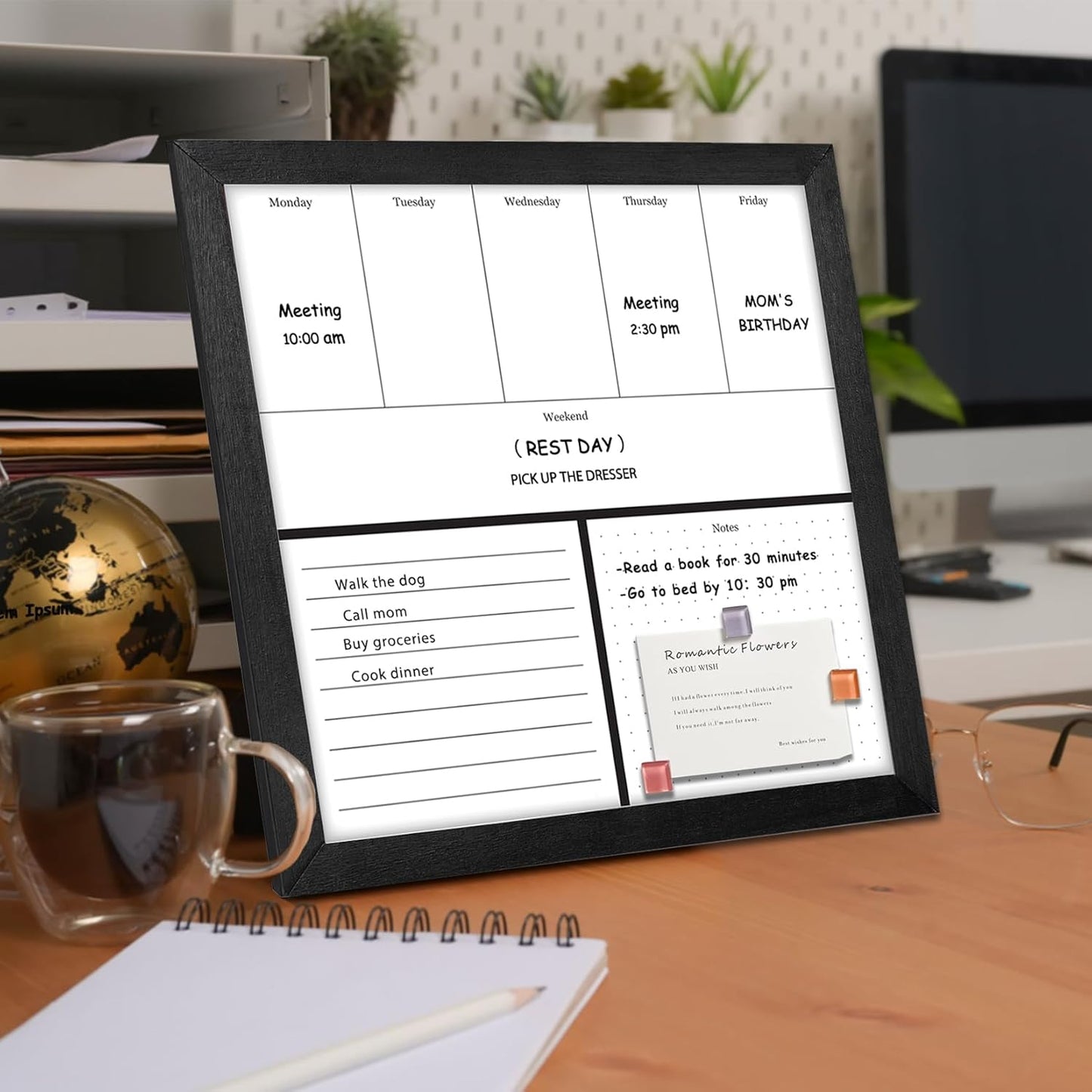 Umtiit Weekly Calendar Dry Erase Whiteboard 11.8 x 11.8 inch(30 x 30 cm), Black Wood Frame, Magnetic Surface Whiteboard for Planning/Schedule/School Timetable/Memo(ZLBB-3030BK,US)