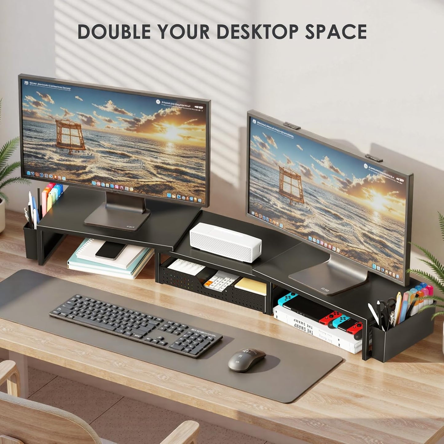 OPNICE Desk Organizers and Accessories, Dual Monitor Stand Riser with Drawer and 2 Pen Holders, Desk Shelf Wood Computer Racks for Office Workspace Organizers, Desktop Organization (Rustic Brown)