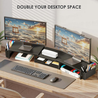 OPNICE Desk Organizers and Accessories, Dual Monitor Stand Riser with Drawer and 2 Pen Holders, Desk Shelf Wood Computer Racks for Office Workspace Organizers, Desktop Organization (Rustic Brown)