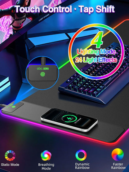 Wireless Charging Mouse Pad with Foldable Phone Holder, 31.5"x15.8" Large Desk Mat for Laptop/Keyboard, Waterproof Ultra-Smooth Surface, Non-Slip Base, Black