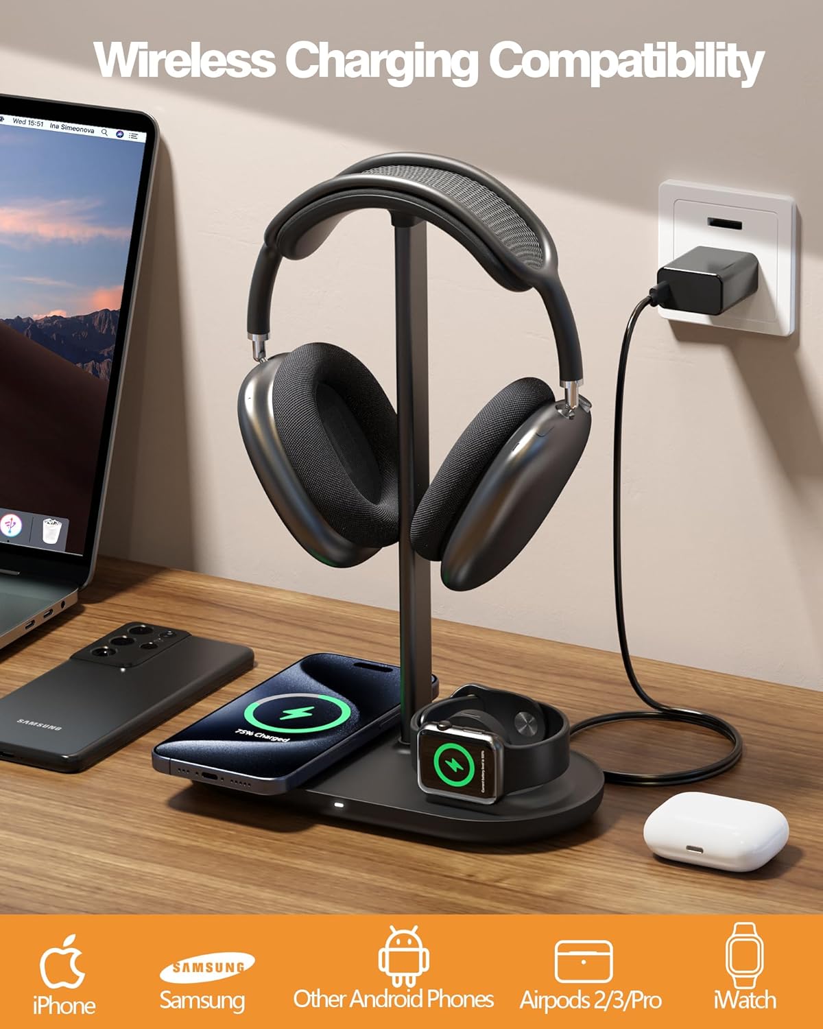 HiWe 4-in-1 RGB Gaming Headphone Stand with Dual Controller Holder, Wireless Charger for iPhone/Apple Watch, USB-A & USB-C Outputs, Adapter Included, Black