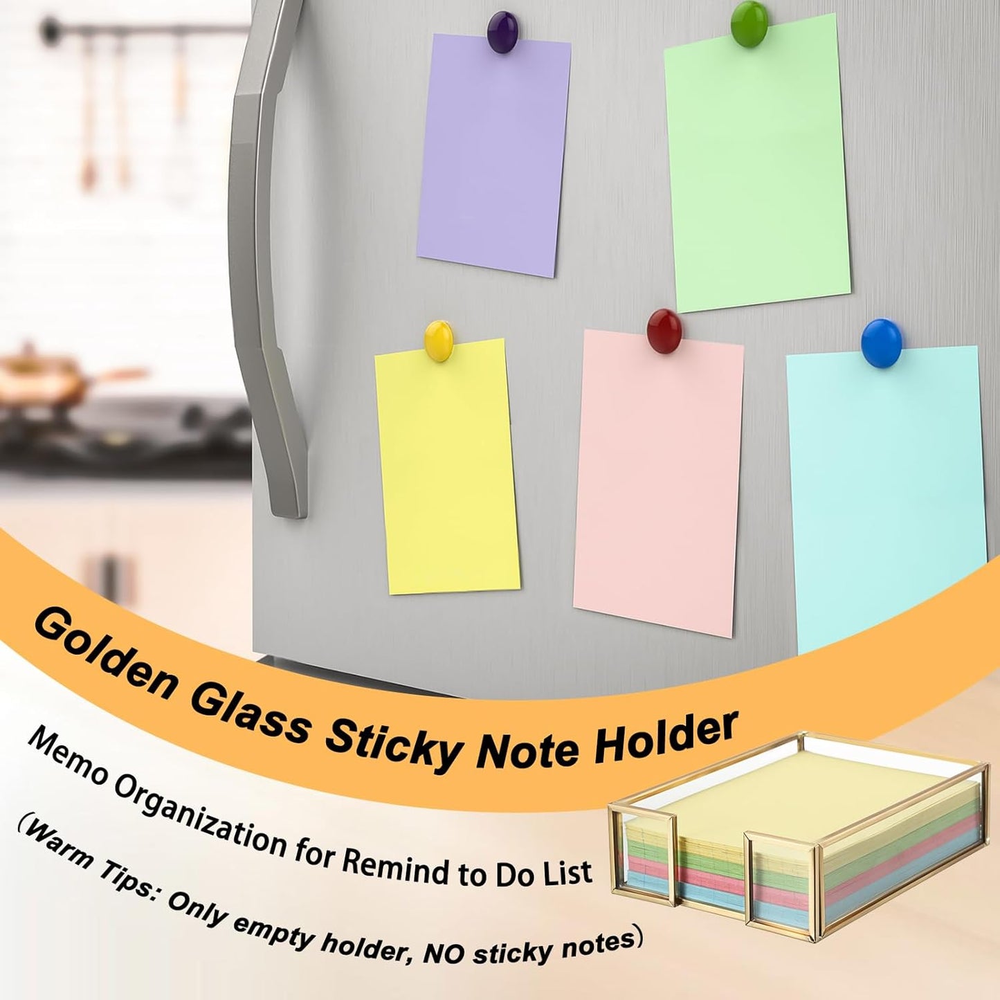 BTSKY Golden Glass Sticky Note Holder for 3x3 Inch Sticky Notes, Elegant Post It Note Dispenser with Non-Slip Pads Clear Notepad Holder for Desk Organization Planning, Home Office Decor