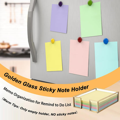 BTSKY Golden Glass Sticky Note Holder for 3x3 Inch Sticky Notes, Elegant Post It Note Dispenser with Non-Slip Pads Clear Notepad Holder for Desk Organization Planning, Home Office Decor