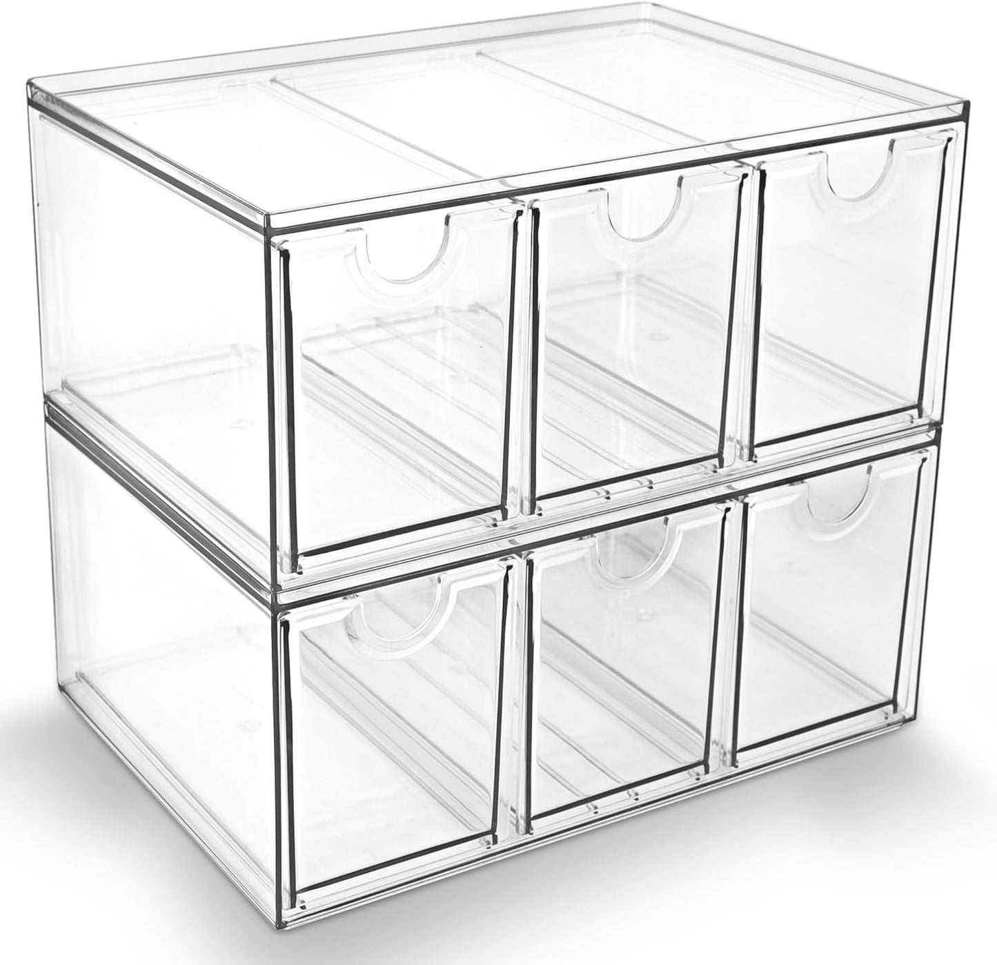 Prsildan Acrylic Drawer Makeup Organizer with 6 Drawers (Not for Baby Bottle), Set of 2 Office Desk Organizers Accessories, Clear Stackable Storage Drawers for Vanity, Craft (Largest Drawer 4" Tall)