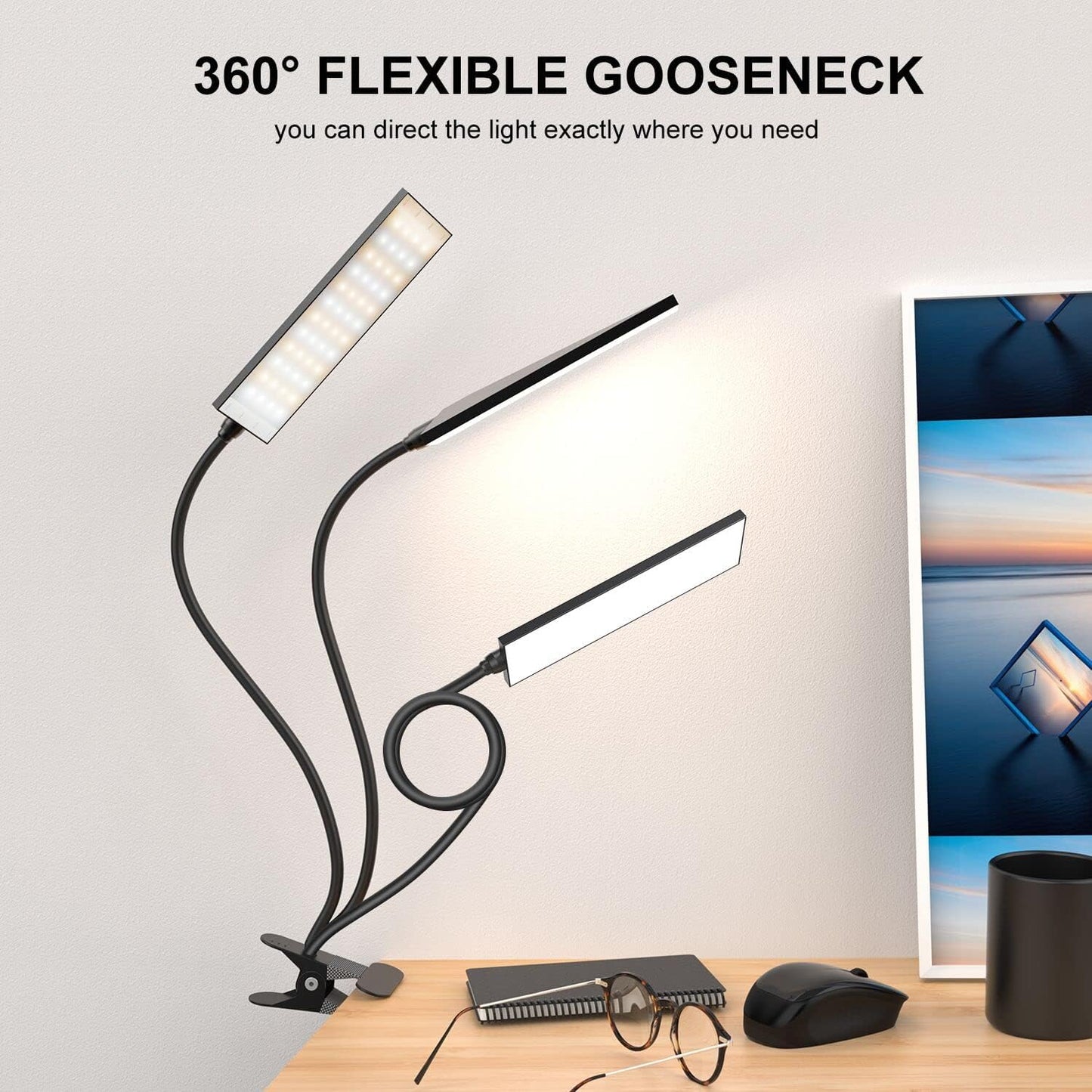 Vansuny Clip on Light LED Desk Lamp with Eye-Caring LED Light and Metal Clip, 6 Level Brightness 3 Color Modes, Power by USB Port 5W Adjustable Neck Reading Lamp for Home and Office (5W, Black)
