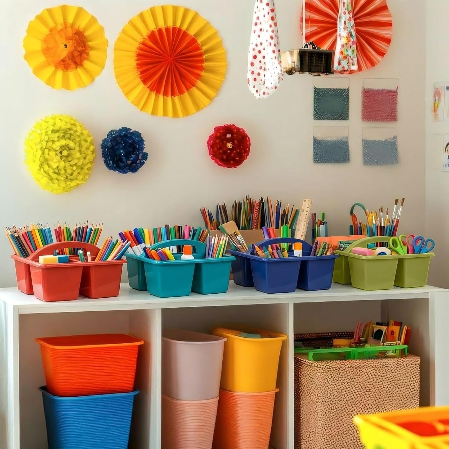 Kathfly 4 Pack Caddy Organizer with Handle, Stackable Organization Storage, Small Plastic Basket Classroom Caddy for Table Desk Office Pencil Kids Room Craft Art Teacher School Supplies (Blue Orange)