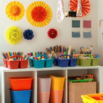 Kathfly 4 Pack Caddy Organizer with Handle, Stackable Organization Storage, Small Plastic Basket Classroom Caddy for Table Desk Office Pencil Kids Room Craft Art Teacher School Supplies (Blue Orange)